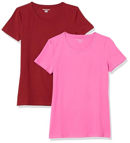 Amazon Essentials Damen T-Shirt mit kurzen Ärmeln und Rundhalsausschnitt in normaler Passform, 2er-Pack, Burgunderrot/Rosa, L von Amazon Essentials