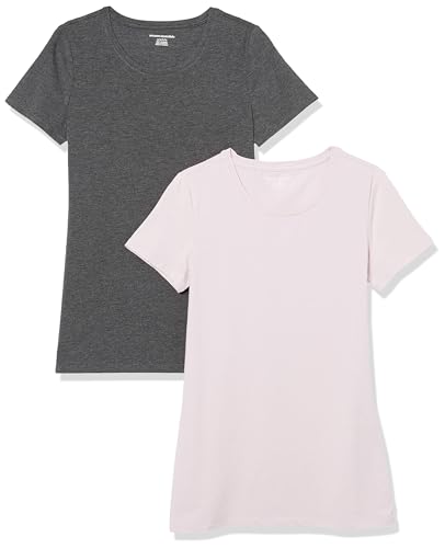 Amazon Essentials Damen T-Shirt mit kurzen Ärmeln und Rundhalsausschnitt in normaler Passform, 2er-Pack, Dunkelgrau Meliert/Hellviolett, XS von Amazon Essentials