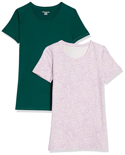 Amazon Essentials Damen Kurzärmeliges T-Shirt mit Rundhalsausschnitt, Klassischer Schnitt, 2er-Pack, Dunkelgrün/Lila Tiermuster, XL von Amazon Essentials
