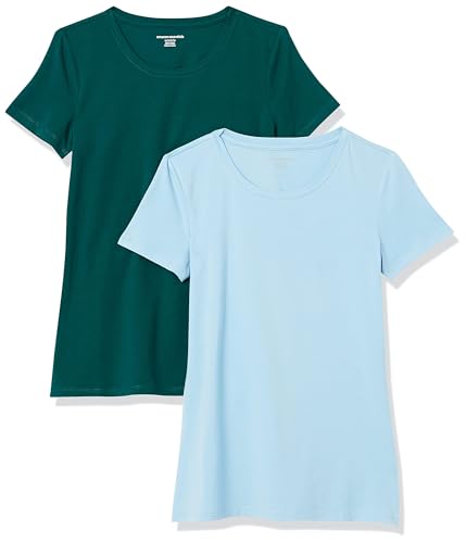 Amazon Essentials Damen T-Shirt mit kurzen Ärmeln und Rundhalsausschnitt in normaler Passform, 2er-Pack, Dunkelgrün/Puderblau, L von Amazon Essentials