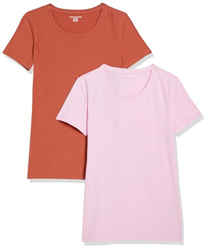 Amazon Essentials Damen T-Shirt mit kurzen Ärmeln und Rundhalsausschnitt in normaler Passform, 2er-Pack, Hellrosa/Terrakotta, L von Amazon Essentials