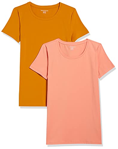 Amazon Essentials Damen Kurzärmeliges T-Shirt mit Rundhalsausschnitt, Klassischer Schnitt, 2er-Pack, Korallenorange/Goldgelb, XXL von Amazon Essentials