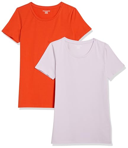 Amazon Essentials Damen Kurzärmeliges T-Shirt mit Rundhalsausschnitt, Klassischer Schnitt, 2er-Pack, Lavendel/Tomatenrot, XL von Amazon Essentials