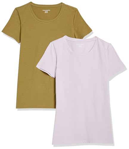 Amazon Essentials Damen Kurzärmeliges T-Shirt mit Rundhalsausschnitt, Klassischer Schnitt - Auslauffarben, 2er-Pack, Olivgrün/Lavendel, M von Amazon Essentials
