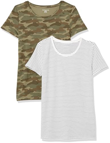 Amazon Essentials Damen T-Shirt mit kurzen Ärmeln und Rundhalsausschnitt in normaler Passform, 2er-Pack, Olivgrün Tarnmuster/Weiß Streifen, XL von Amazon Essentials