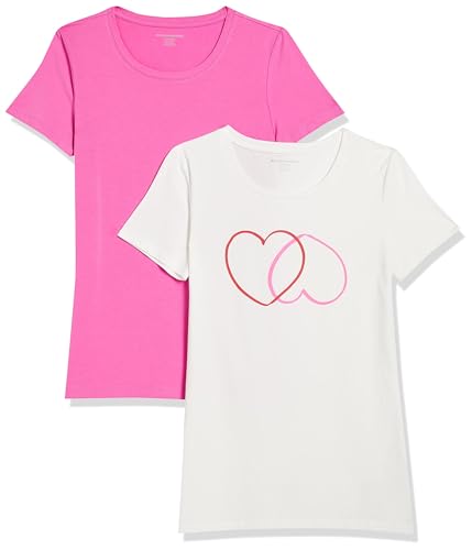 Amazon Essentials Damen T-Shirt mit kurzen Ärmeln und Rundhalsausschnitt in normaler Passform, 2er-Pack, Rosa/Weiß Herzen, M von Amazon Essentials