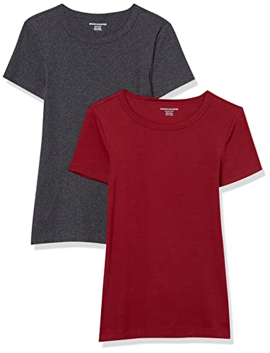 Amazon Essentials Damen Kurzärmeliges T-Shirt mit Rundhalsausschnitt, Schmale Passform, 2er-Pack, Burgunderrot/Dunkelgrau Meliert, S von Amazon Essentials