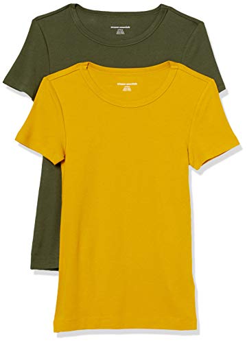 Amazon Essentials Damen Kurzärmeliges T-Shirt mit Rundhalsausschnitt, Schmale Passform, 2er-Pack, Gold/Olivgrün, L von Amazon Essentials