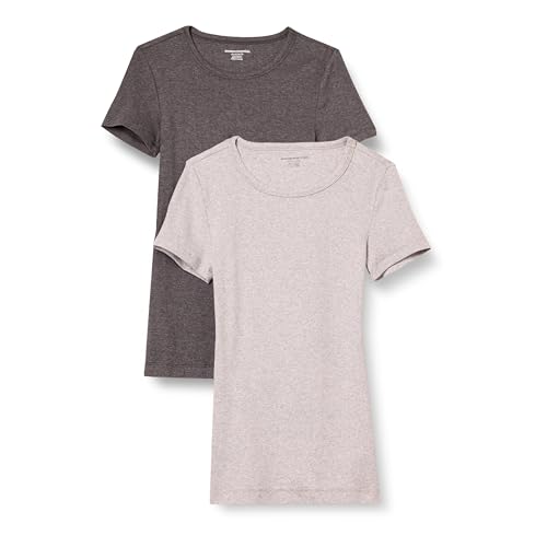 Amazon Essentials Damen Kurzärmeliges T-Shirt mit Rundhalsausschnitt, Schmale Passform, 2er-Pack, Kohlegrau Meliert/Hellgrau Meliert, XL von Amazon Essentials