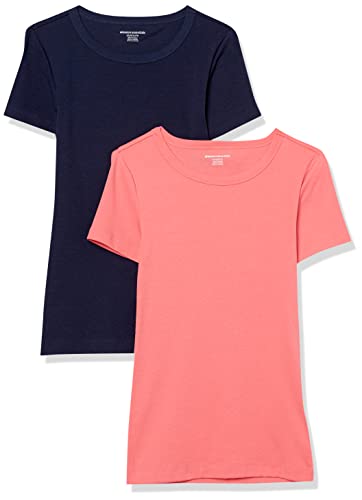 Amazon Essentials Damen Kurzärmeliges T-Shirt mit Rundhalsausschnitt, Schmale Passform, 2er-Pack, Marineblau/Intensive Rosa, M von Amazon Essentials
