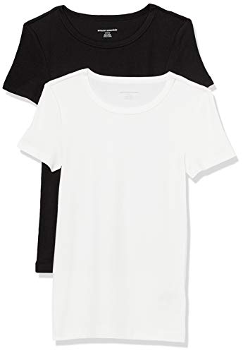 Amazon Essentials Damen Kurzärmeliges T-Shirt mit Rundhalsausschnitt, Schmale Passform, 2er-Pack, Schwarz/Weiß, M von Amazon Essentials