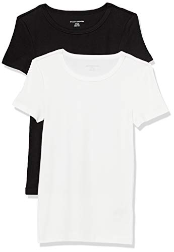 Amazon Essentials Damen Kurzärmeliges T-Shirt mit Rundhalsausschnitt, Schmale Passform, 2er-Pack, Schwarz/Weiß, XL von Amazon Essentials