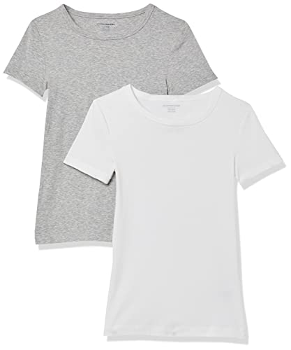 Amazon Essentials Damen Kurzärmeliges T-Shirt mit Rundhalsausschnitt, Schmale Passform, 2er-Pack, Weiß/Hellgrau Meliert, L von Amazon Essentials