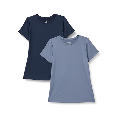 Amazon Essentials Damen Kurzärmeliges T-Shirt mit Rundhalsausschnitt aus Tech-Stretch-Stoff, 2er-Pack, Marineblau/Schiefergrau, M von Amazon Essentials