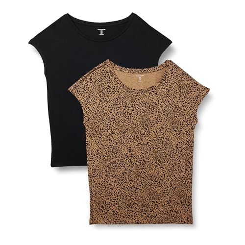 Amazon Essentials Damen Regular-Fit Kurzarm-T-Shirt Jersey U-Boot-Ausschnitt, 2er-Pack, Braun Gepard/Schwarz, S von Amazon Essentials