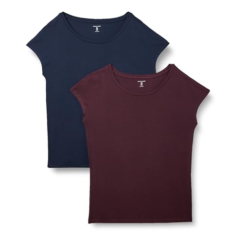 Amazon Essentials Damen Regular-Fit Kurzarm-T-Shirt Jersey U-Boot-Ausschnitt, 2er-Pack, Burgunderrot/Marineblau, M von Amazon Essentials