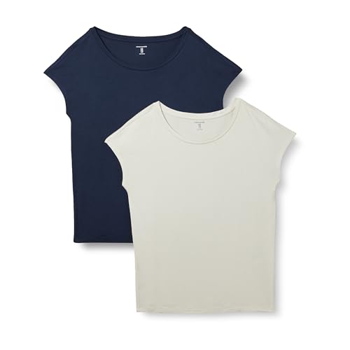Amazon Essentials Damen Kurzärmeliges T-Shirt mit U-Boot-Ausschnitt aus Jersey, Reguläre Passform, 2er-Pack, Marineblau/Sand, L von Amazon Essentials