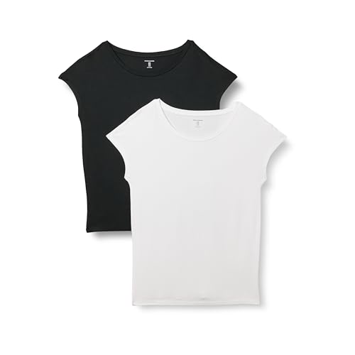 Amazon Essentials Damen Regular-Fit Kurzarm-T-Shirt Jersey U-Boot-Ausschnitt, 2er-Pack, Schwarz/Weiß, L von Amazon Essentials