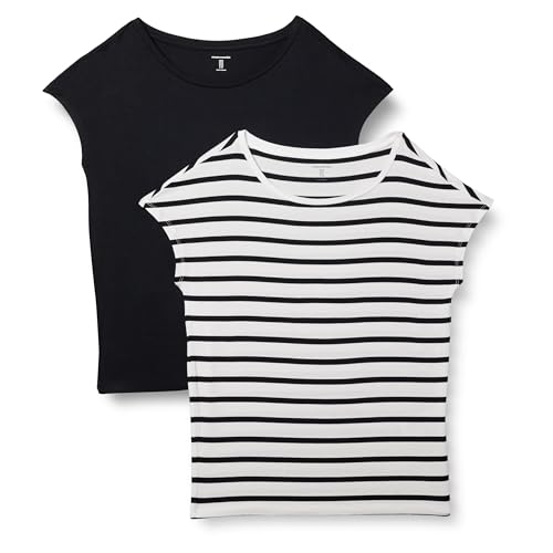 Amazon Essentials Damen Regular-Fit Kurzarm-T-Shirt Jersey U-Boot-Ausschnitt, 2er-Pack, Schwarz/Weiß Bretonstreifen, XS von Amazon Essentials