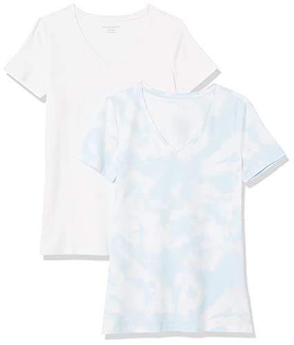 Amazon Essentials Damen T-Shirt Regular Fit mit kurzen Ärmeln und V-Ausschnitt, 2er-Pack, Blau Batik/Weiß, XL von Amazon Essentials