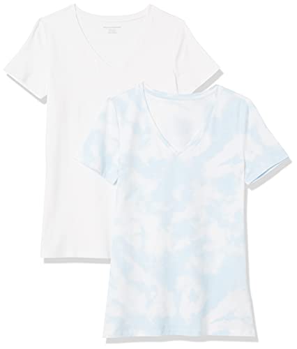 Amazon Essentials Damen Kurzärmeliges T-Shirt mit V-Ausschnitt, Klassischer Schnitt, 2er-Pack, Blau Batik/Weiß, XXL von Amazon Essentials