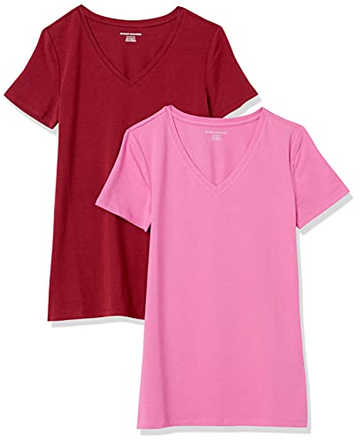 Amazon Essentials Damen T-Shirt Regular Fit mit kurzen Ärmeln und V-Ausschnitt, 2er-Pack, Burgunderrot/Rosa, S von Amazon Essentials