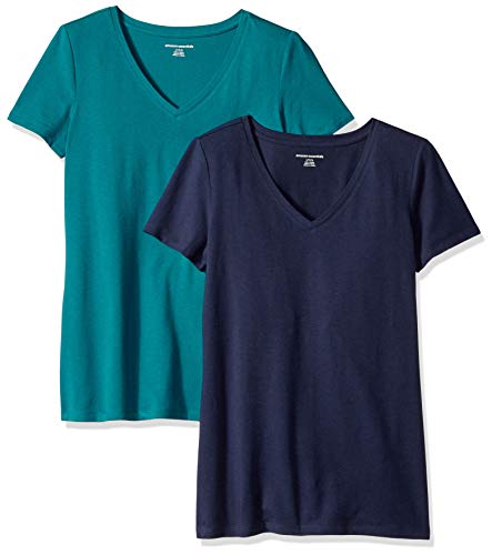 Amazon Essentials Damen T-Shirt Regular Fit mit kurzen Ärmeln und V-Ausschnitt, 2er-Pack, Dunkelgrün/Marineblau, XL von Amazon Essentials