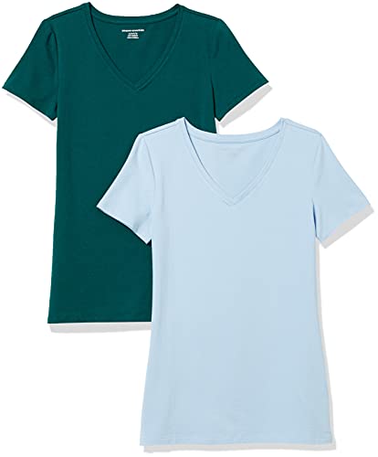 Amazon Essentials Damen Kurzärmeliges T-Shirt mit V-Ausschnitt, Klassischer Schnitt, 2er-Pack, Dunkelgrün/Puderblau, XS von Amazon Essentials