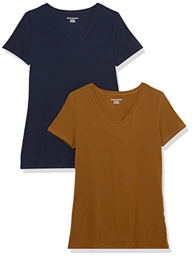 Amazon Essentials Damen T-Shirt Regular Fit mit kurzen Ärmeln und V-Ausschnitt, 2er-Pack, Dunkles Kastanienbraun/Marineblau, S von Amazon Essentials