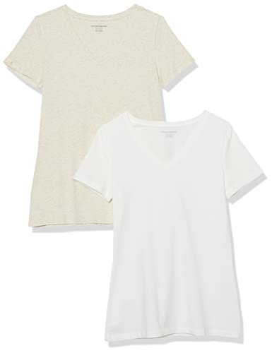 Amazon Essentials Damen T-Shirt Regular Fit mit kurzen Ärmeln und V-Ausschnitt, 2er-Pack, Haferbeige Meliert/Weiß, XS von Amazon Essentials
