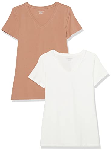 Amazon Essentials Damen Kurzärmeliges T-Shirt mit V-Ausschnitt, Klassischer Schnitt, 2er-Pack, Hellbraun/Weiß, XS von Amazon Essentials