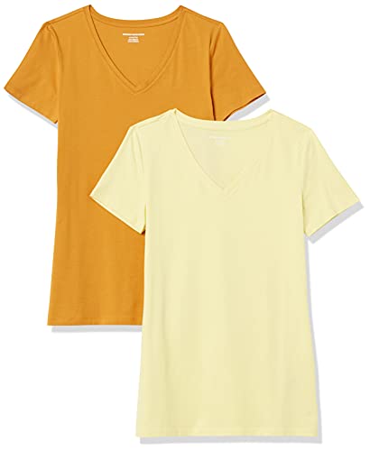 Amazon Essentials Damen Kurzärmeliges T-Shirt mit V-Ausschnitt, Klassischer Schnitt, 2er-Pack, Hellgelb/Goldgelb, L von Amazon Essentials
