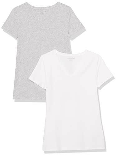 Amazon Essentials Damen T-Shirt mit kurzen Ärmeln und V-Ausschnitt in normaler Passform, 2er-Pack, Hellgrau Meliert/Weiß, XXL von Amazon Essentials