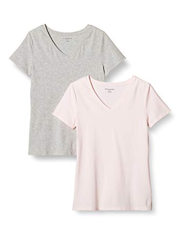 Amazon Essentials Damen T-Shirt Regular Fit mit kurzen Ärmeln und V-Ausschnitt, 2er-Pack, Hellrosa/Hellgrau Meliert, M von Amazon Essentials