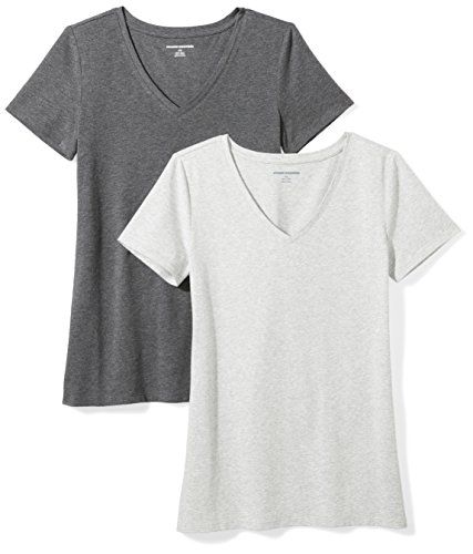 Amazon Essentials Damen Kurzärmeliges T-Shirt mit V-Ausschnitt, Klassischer Schnitt, 2er-Pack, Kohlegrau Meliert/Hellgrau Meliert, XL von Amazon Essentials