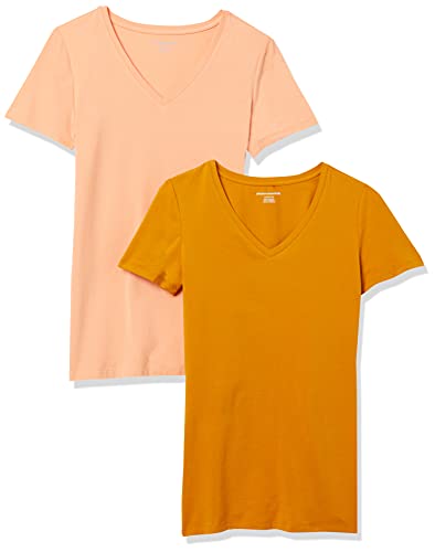 Amazon Essentials Damen Kurzärmeliges T-Shirt mit V-Ausschnitt, Klassischer Schnitt, 2er-Pack, Korallenorange/Goldgelb, S von Amazon Essentials