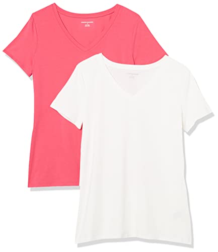 Amazon Essentials Damen Kurzärmeliges T-Shirt mit V-Ausschnitt, Klassischer Schnitt, 2er-Pack, Kräftiges Rosa/Weiß, M von Amazon Essentials