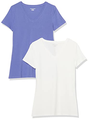 Amazon Essentials Damen T-Shirt Regular Fit mit kurzen Ärmeln und V-Ausschnitt, 2er-Pack, Lila Blau/Weiß, XS von Amazon Essentials