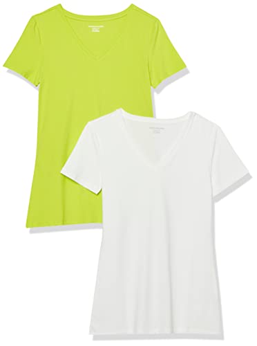 Amazon Essentials Damen Kurzärmeliges T-Shirt mit V-Ausschnitt, Klassischer Schnitt, 2er-Pack, Lindgrün/Weiß, XS von Amazon Essentials