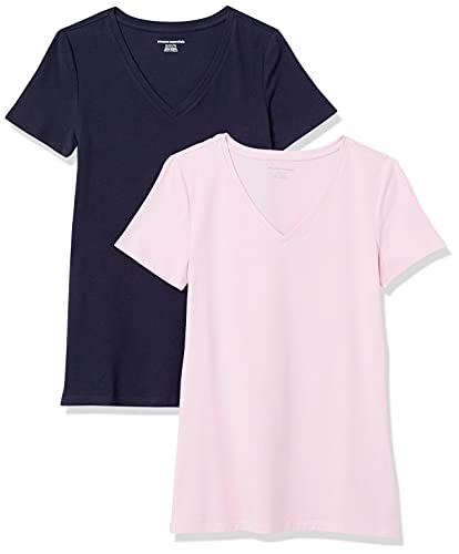 Amazon Essentials Damen T-Shirt Regular Fit mit kurzen Ärmeln und V-Ausschnitt, 2er-Pack, Marineblau/Hellrosa, S von Amazon Essentials