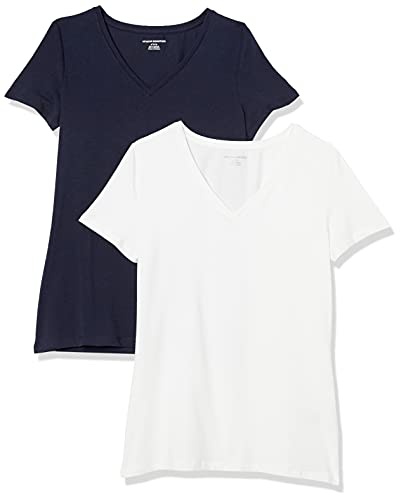 Amazon Essentials Damen T-Shirt Regular Fit mit kurzen Ärmeln und V-Ausschnitt, 2er-Pack, Marineblau/Weiß, S von Amazon Essentials