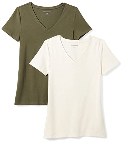 Amazon Essentials Damen Kurzärmeliges T-Shirt mit V-Ausschnitt, Klassischer Schnitt, 2er-Pack, Olivgrün/Haferbeige Meliert, S von Amazon Essentials