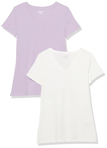 Amazon Essentials Damen T-Shirt Regular Fit mit kurzen Ärmeln und V-Ausschnitt, 2er-Pack, Pastelllila/Weiß, XS von Amazon Essentials