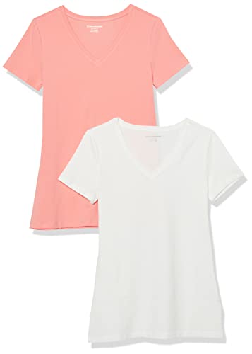 Amazon Essentials Damen T-Shirt Regular Fit mit kurzen Ärmeln und V-Ausschnitt, 2er-Pack, Pfirsich/Weiß, M von Amazon Essentials