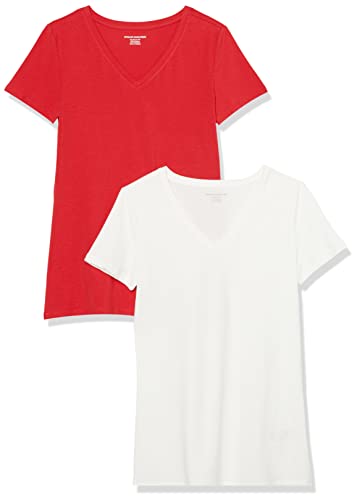 Amazon Essentials Damen T-Shirt mit kurzen Ärmeln und V-Ausschnitt in normaler Passform, 2er-Pack, Rot/Weiß, XXL von Amazon Essentials