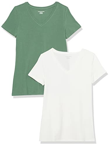Amazon Essentials Damen T-Shirt Regular Fit mit kurzen Ärmeln und V-Ausschnitt, 2er-Pack, Salbeigrün/Weiß, S von Amazon Essentials