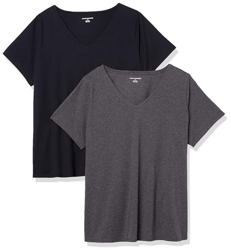 Amazon Essentials Damen T-Shirt Regular Fit mit kurzen Ärmeln und V-Ausschnitt, 2er-Pack, Dunkelgrau Meliert/Schwarz, XS von Amazon Essentials