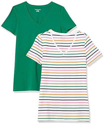 Amazon Essentials Damen Kurzärmeliges T-Shirt mit V-Ausschnitt, Klassischer Schnitt, 2er-Pack, Dunkelgrün/Weiß Streifen, M von Amazon Essentials