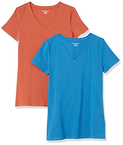 Amazon Essentials Damen T-Shirt Regular Fit mit kurzen Ärmeln und V-Ausschnitt, 2er-Pack, Terrakotta/Blau, L von Amazon Essentials