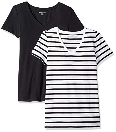 Amazon Essentials Damen T-Shirt Regular Fit mit kurzen Ärmeln und V-Ausschnitt, 2er-Pack, Schwarz/Weiß Streifen, XL von Amazon Essentials